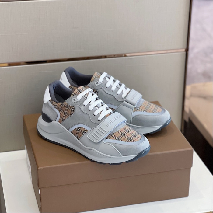 B**rry vintage check, leather and mesh sneakers